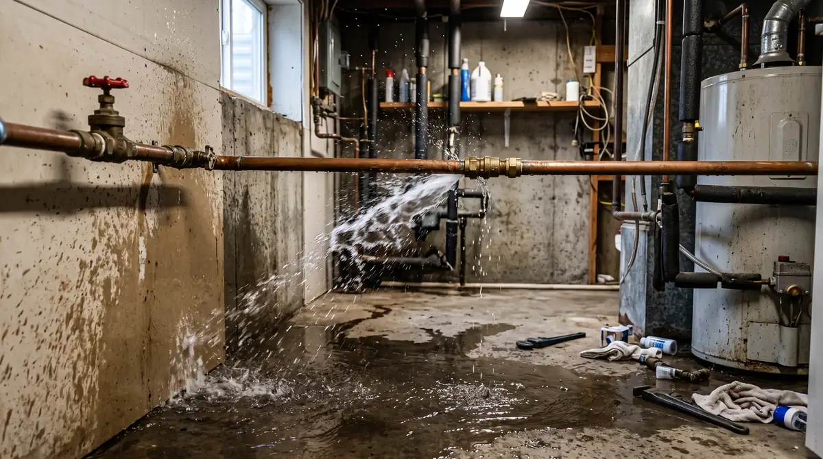 A burst indoor water pipe can release water quickly and requires prompt response.