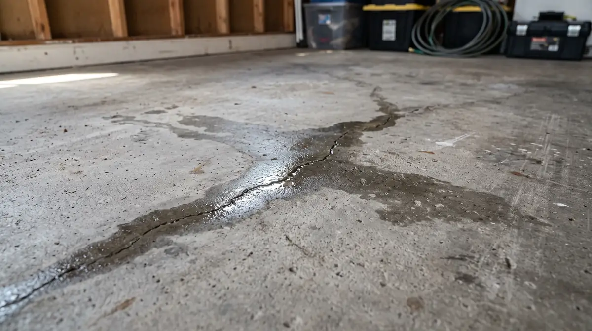 Water leaking through a concrete floor during slab leak detection in Medford, OR