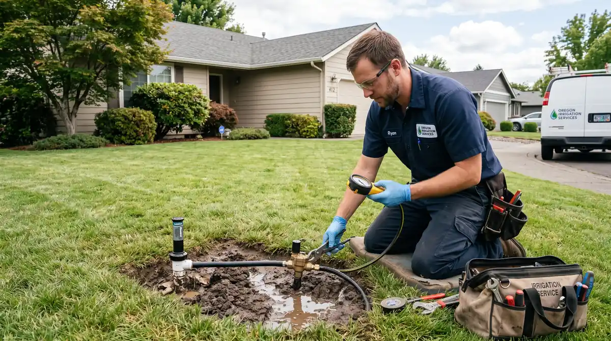 Technician inspecting an irrigation leak in Medford, OR