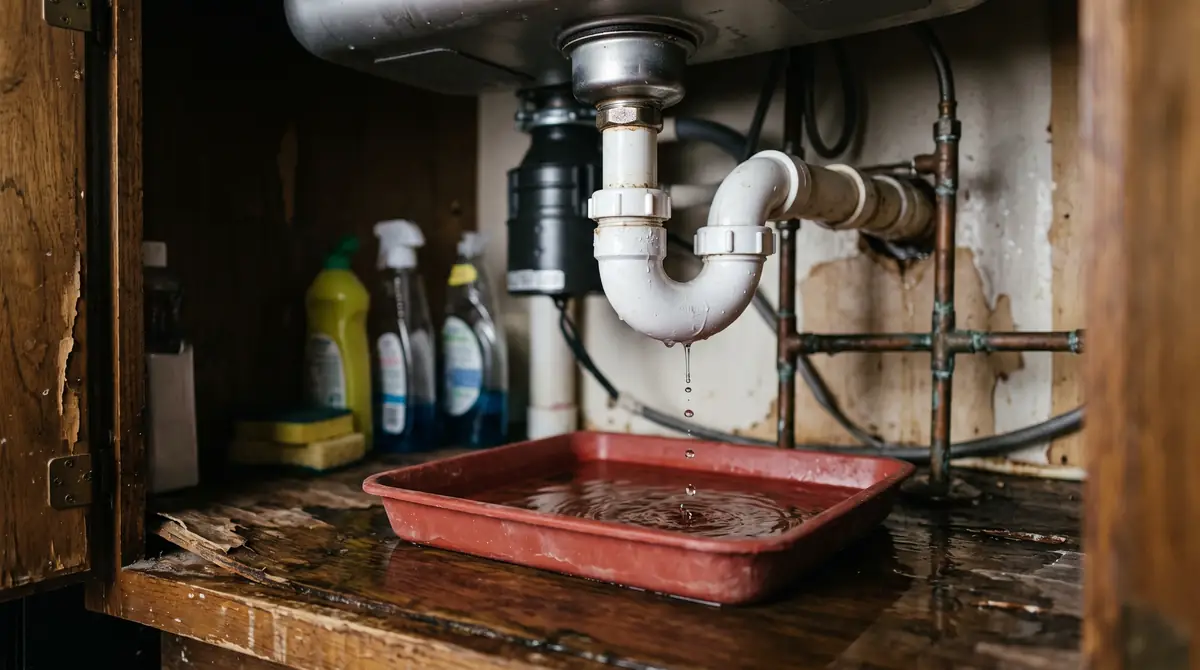 Water leaking beneath a kitchen sink is one common plumbing issue homeowners can check before calling leak detection.