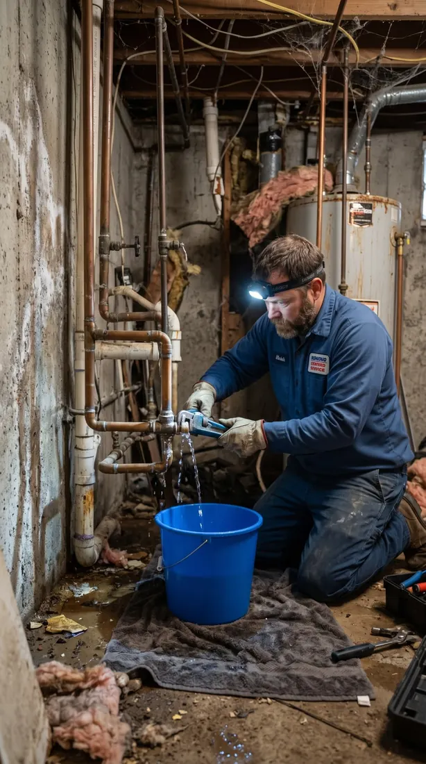 Water leak repair technician working on a burst pipe in a Medford, Oregon basement