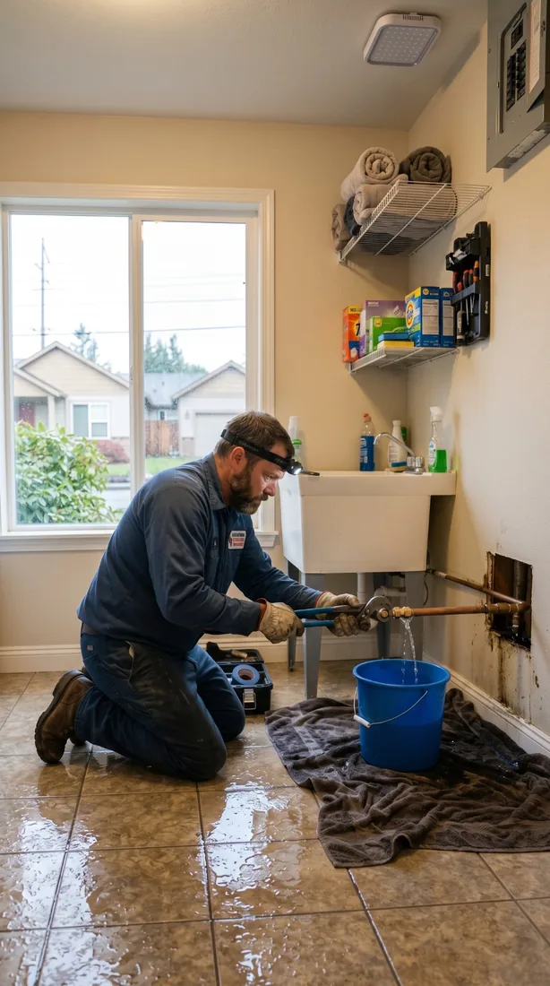 Water leak repair technician inspecting a leaking pipe in a Medford, Oregon laundry room