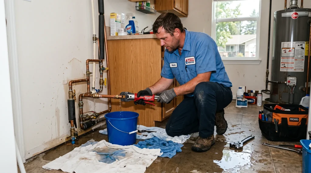 Plumber repairing a burst water pipe leak in a Medford, OR home