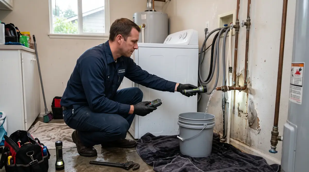 Professional plumbing leak inspection using diagnostic equipment to identify a water leak.