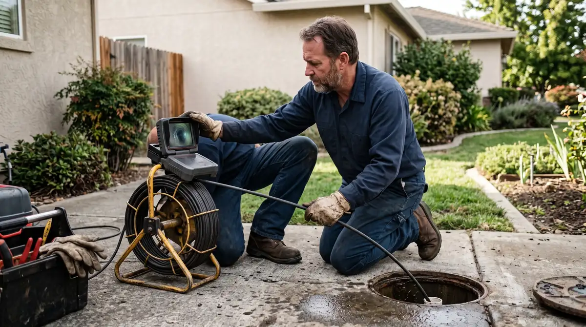 Technician performing sewer camera inspection in Medford, OR
