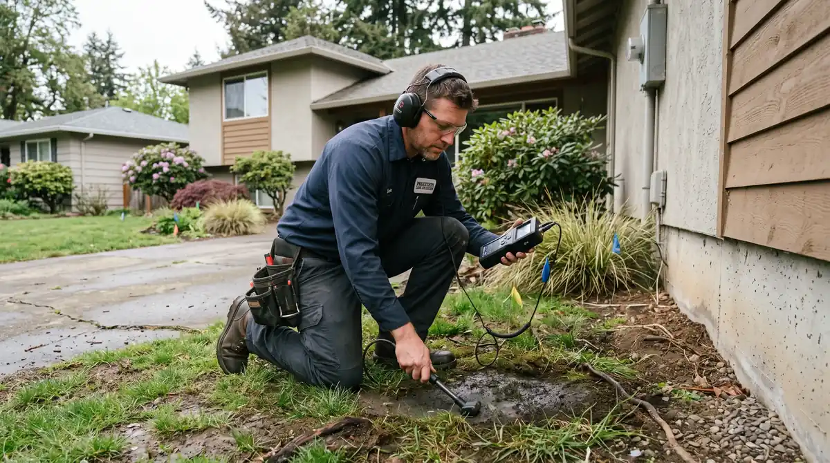 Technician locating an underground water leak in Medford, OR