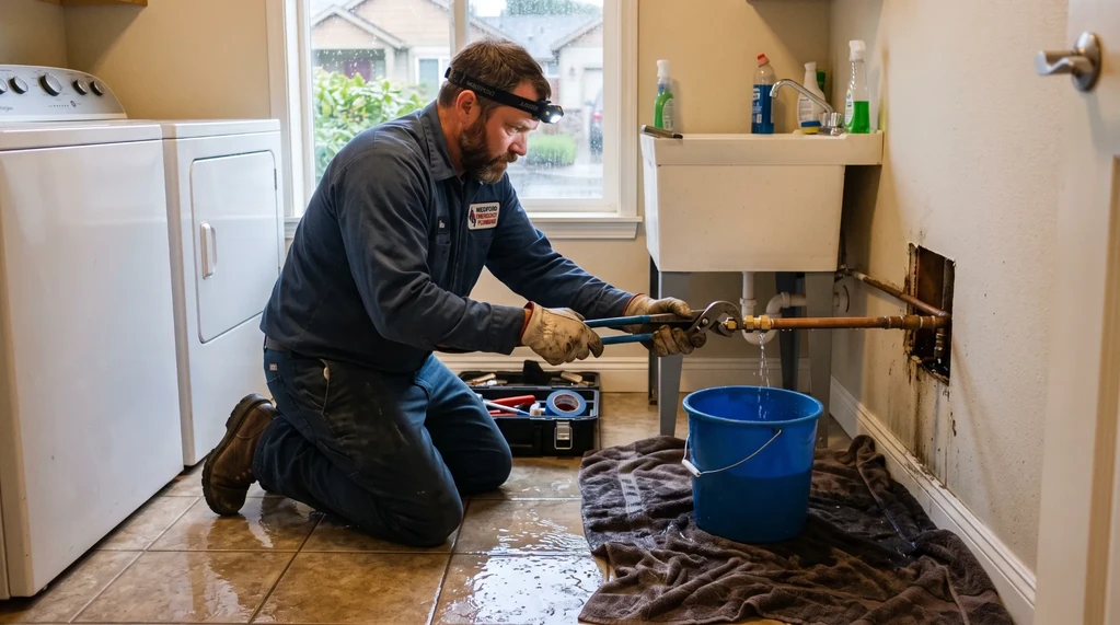 Leak detection technician repairing a water pipe leak in a Medford, OR home